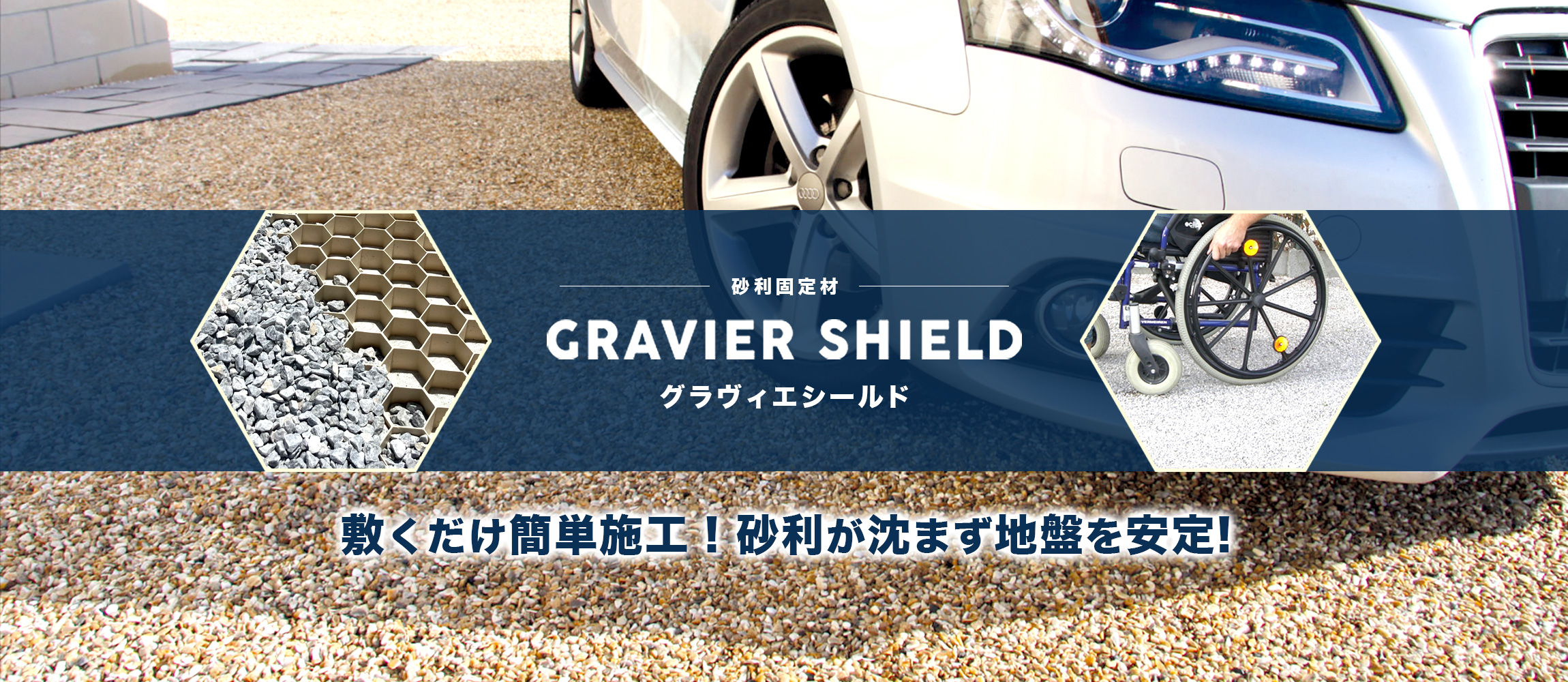 砂利固定材GRAVIER SHIELD（グラヴィエシールド）敷くだけ簡単施工で砂利が沈まず地盤を安定・車いすやベビーカーも安心な砂利道に
